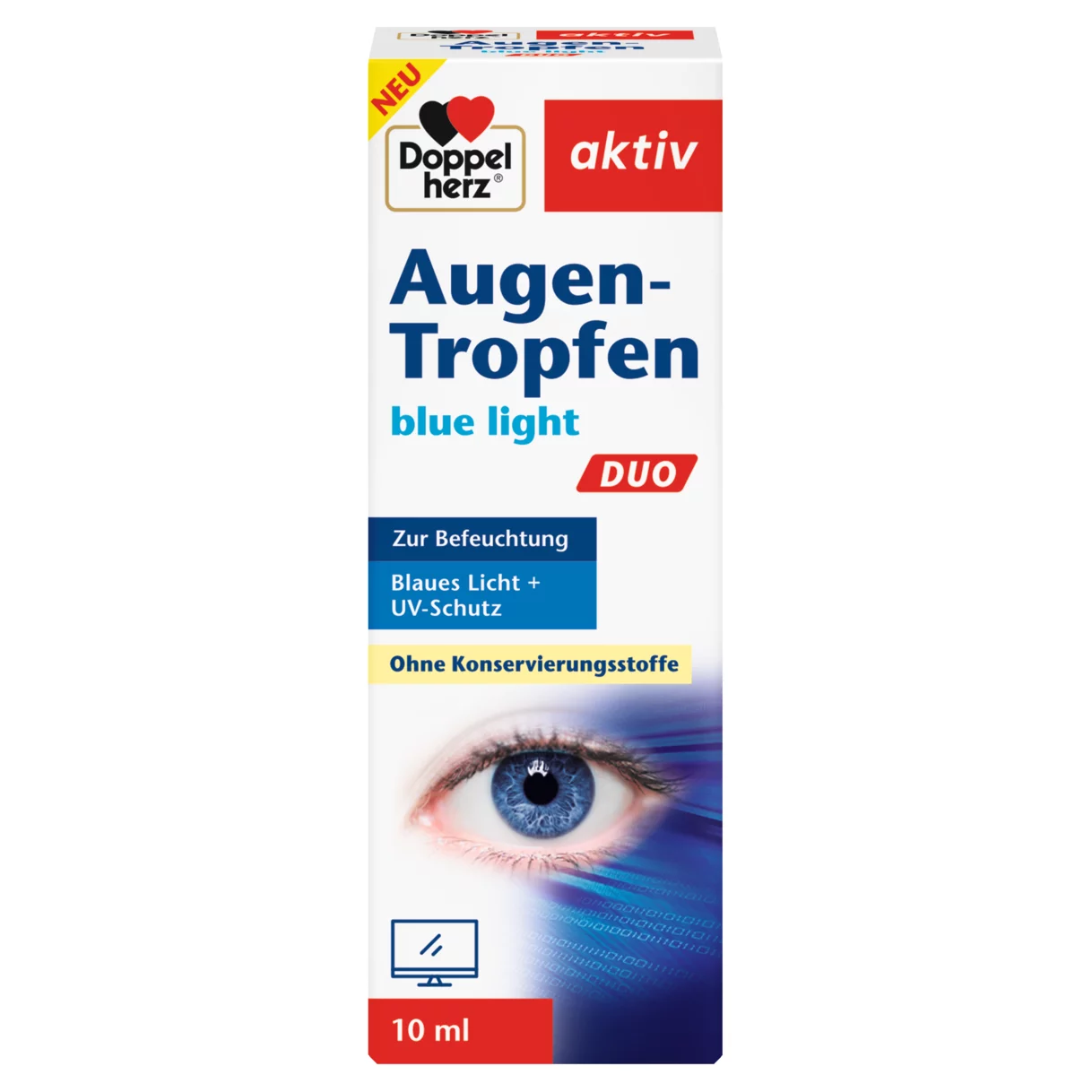 Abbildung der Produktverpackung Doppelherz aktiv Augen-Tropfen blue light DUO Frontansicht